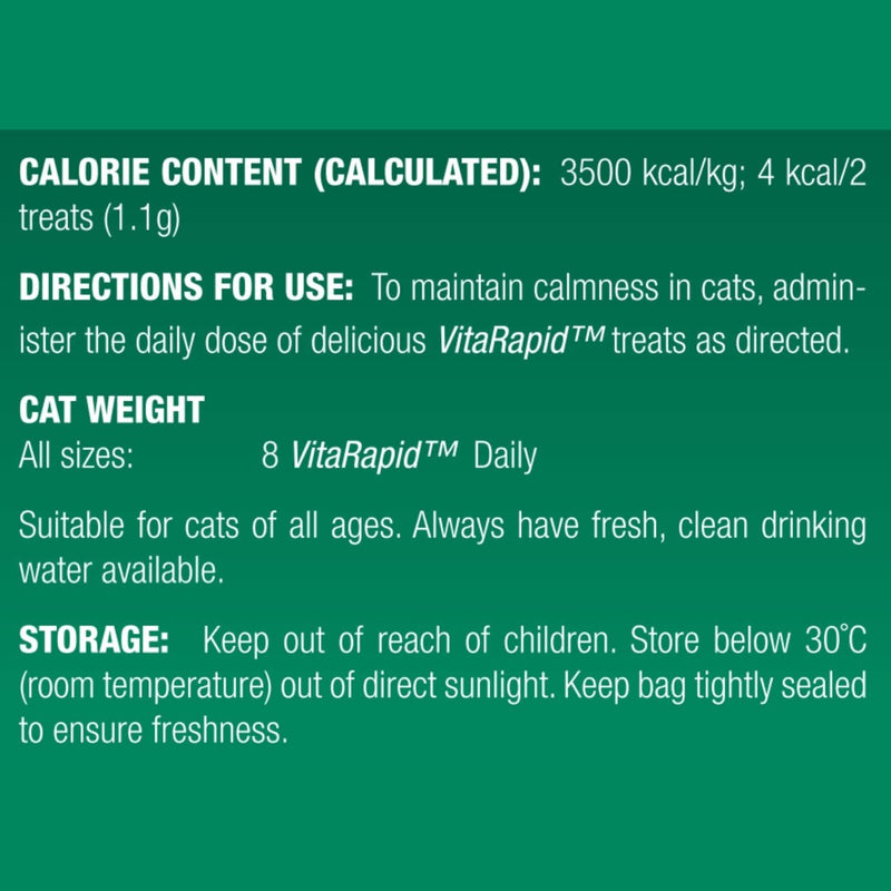 VITARAPID® TRANQUIL DAILY TREATS FOR CATS 100G directions for use, pet essentials warehouse