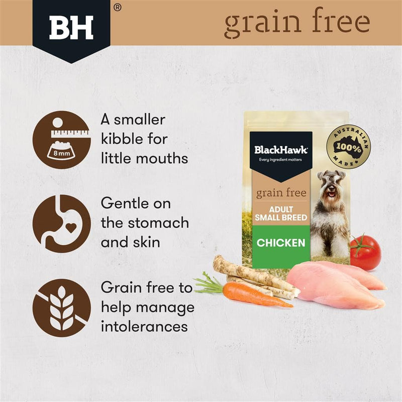 Black Hawk Grain Free Adult Small Breed Chicken with chicken breast, carrots and tomatoes, pet essentials warehouse
