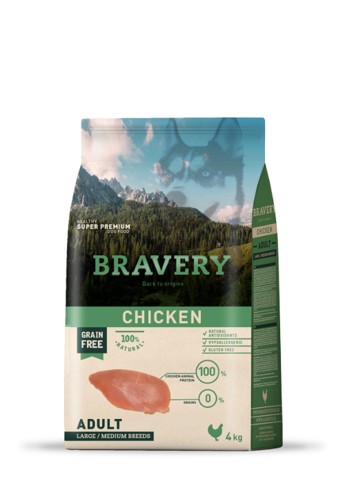 Bravery Grain Free Adult Dog Kibble Chicken 4kg, Pet Essentials Napier, Pets Warehouse, Pet Essentials Hastings, Petpro.co.nz