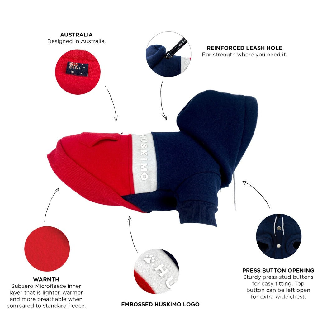 Huskimo Dog Coat Mt Baw Baw Hoodie Navy Red features, huskimo australia