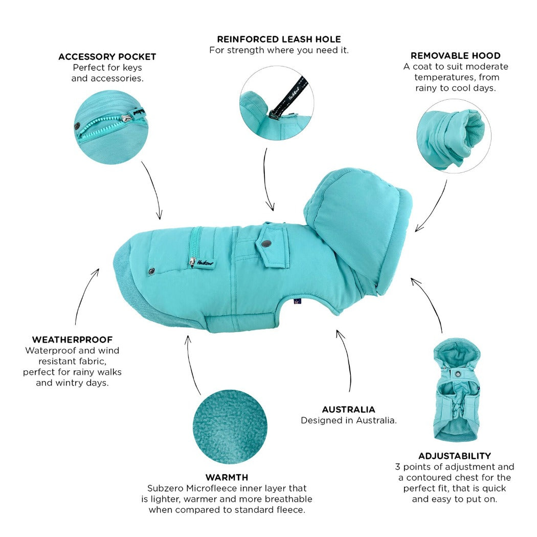 Huskimo Dog Coat Mt Buller Periwinkle features, pet essentials warehouse