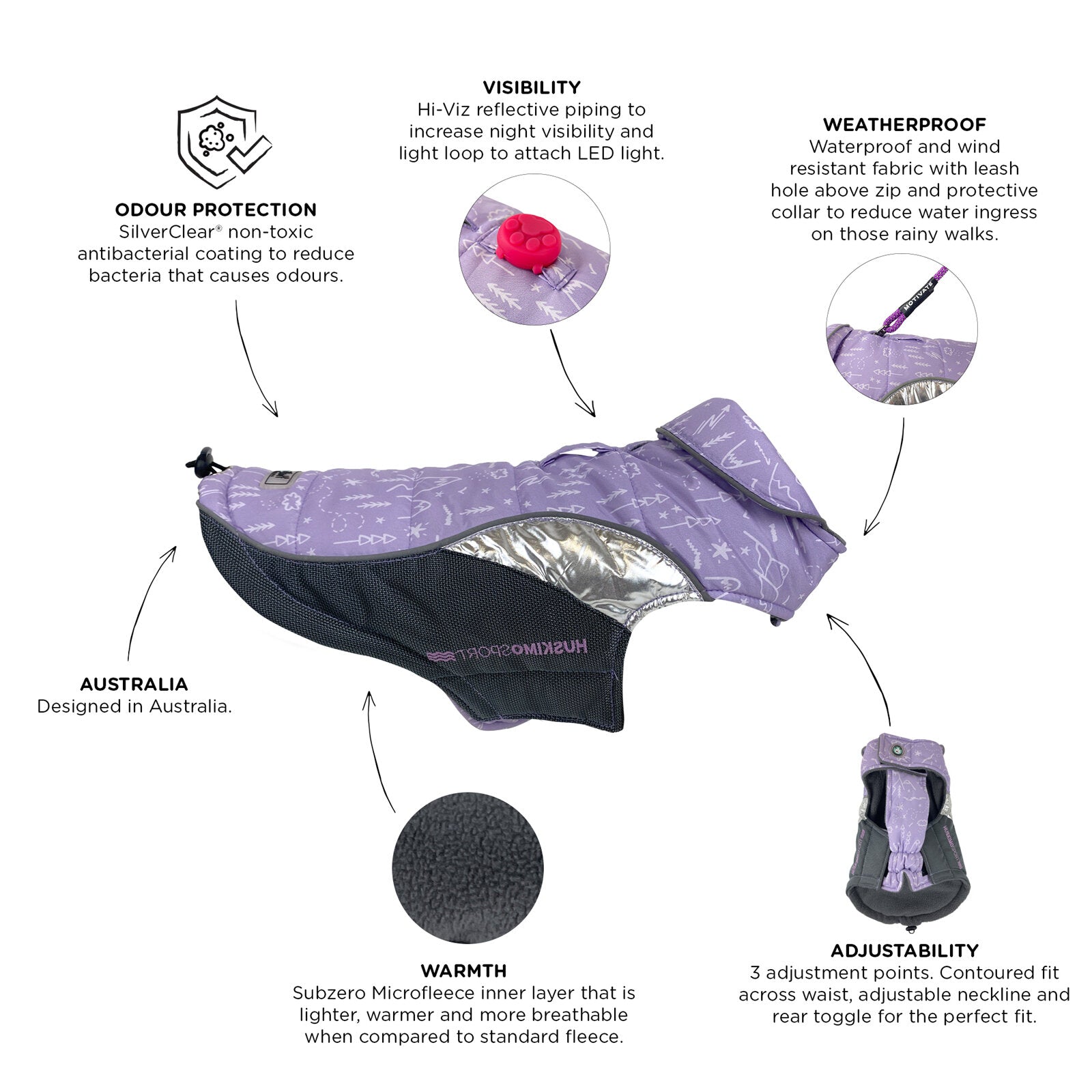 Huskimo Dog Coat Sherpa Lilac features, huskimo LED light attachement