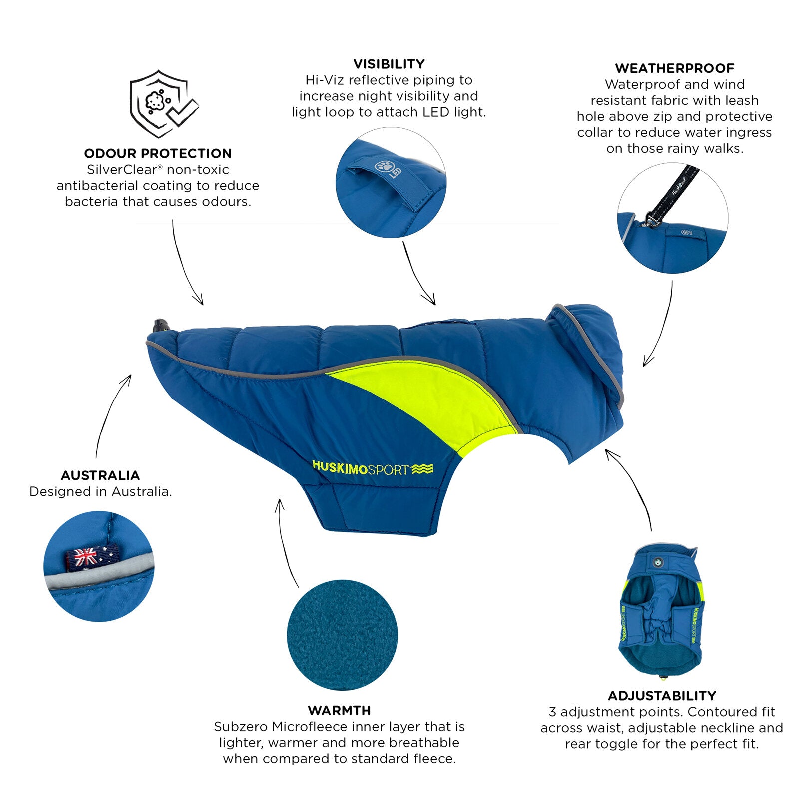 Huskimo Dog Coat Sherpa Tasman Blue Features, pet essentials warehouse