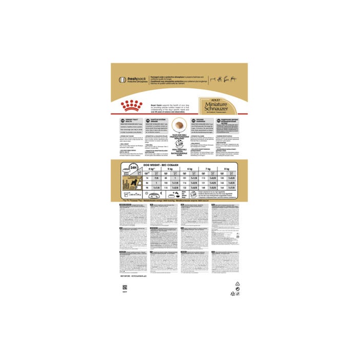 Royal Canin Miniature Schnauzer Adult Dry Food back of packaging, pet essentials warehouse napier