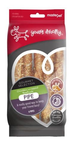 Yours Droolly Rawhide Pipe Chicken Wrapped 6 Pack, PEt Essentials Napier, PEts warehouse, pet essential tauranga