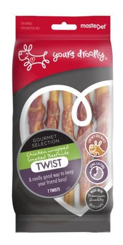 Yours Droolly Rawhide Twist Chicken Wrapped 7 Pack, PEt Essentials napier, pets warehouse, pet essentials direct, dog treat twists, chicken wrapped twisted rawhide