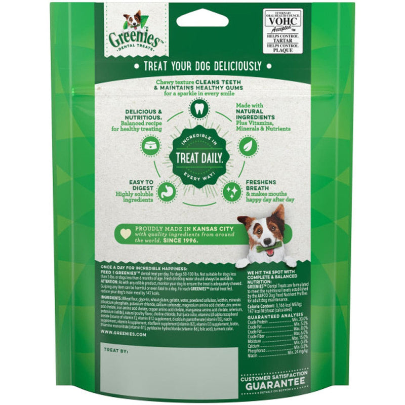 Greenies Original Dental Dog Treats back of packaging, Pet Essentials Warehouse, Pet city, Dog Dental treats, Dog Dental treat