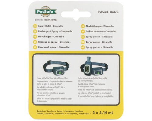 Petsafe Refill Cartridge Citronella Spray 3 Pack packaging, PAC54-16373 Petsafe, Bark collar attachment, pet essentials warehouse