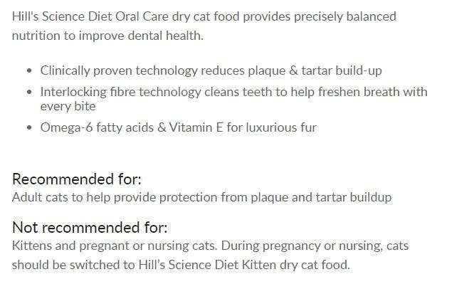 Hills Science Diet Adult Oral Care Dry Cat Food info sheet, pet essentials warehosue